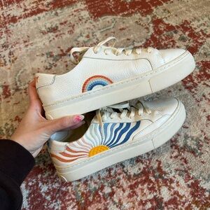 Soludos Womens Ibiza Platform Cream Leather Embroidered Sneaker Sun Rainbow Shoe